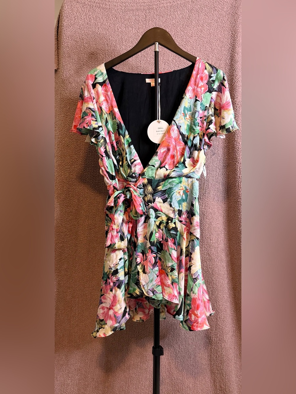 Lux Black Floral Tie-Waist Mini Dress with Pink & Green Blooms